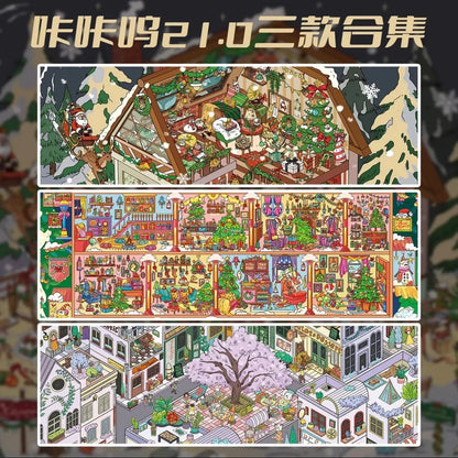 Colorful Christmas-themed cottage, festive carnival, and lively town scene illustration.