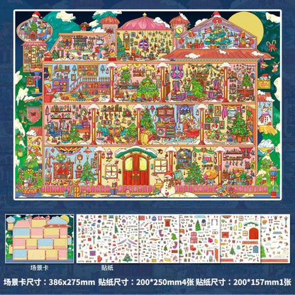 Colorful illustrated Christmas cottage scene sticker set with festive decorations and snowman