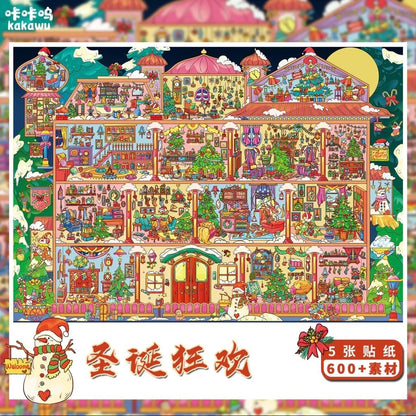 Colorful Christmas cottage illustration with festive monsters, Christmas trees, gifts, and decorations