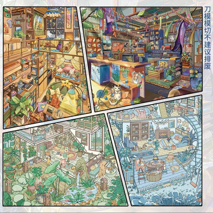Colorful scene sticker collage with cozy rooms, cottage garden, and playful miniatures.