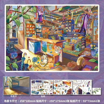 Colorful illustrated general store sticker set with cozy decor, plants, books, and miniatures