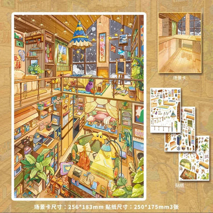 Cozy illustrated miniature cabin bedroom scene, loft, bookshelves, houseplants, and snow outside.