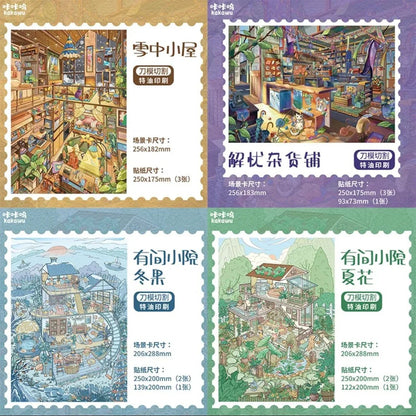 Colorful miniature scene sticker sets with detailed cabin, shop, courtyard, and garden designs.
