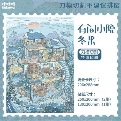 Miniature sticker sheet of a cozy cabin in snowy landscape with winter fruits and flowers.