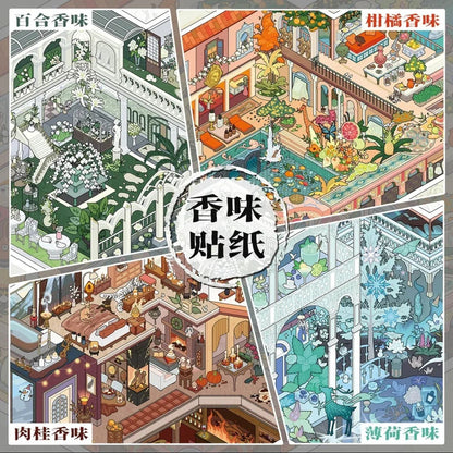Four illustrated rooms themed by scent: white flowers, citrus, mint, and cinnamon scene stickers.