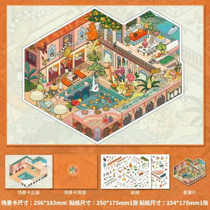 Colorful miniature sticker sheet with garden courtyard, floral elements, and cozy interior scene