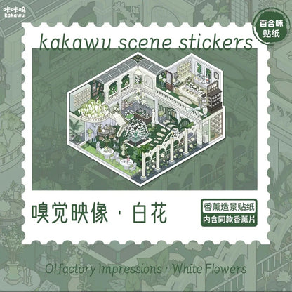 Miniature garden scene sticker with white flower theme for journaling or scrapbooking.