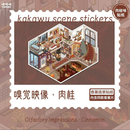 Cozy miniature room scene sticker set with fireplace, Christmas tree, and cinnamon theme.