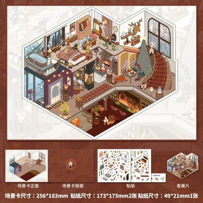 Cozy miniature house sticker set with winter decor, fireplace, Christmas tree, and detailed rooms.