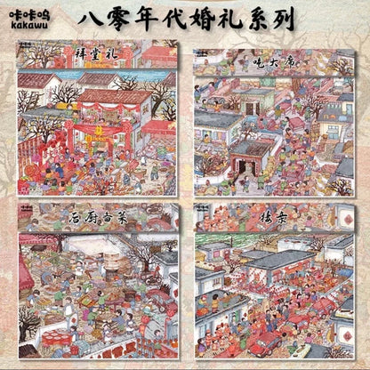 Vintage Chinese wedding scene stickers set, colorful illustrations of nostalgic celebrations