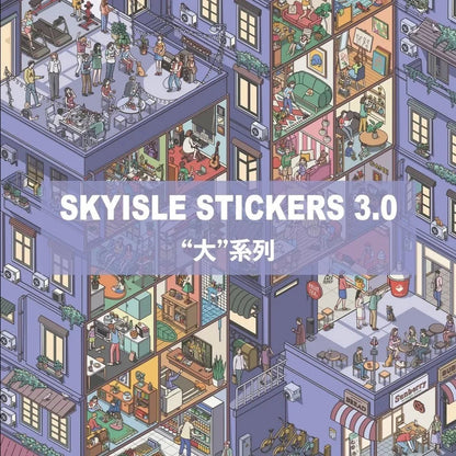 Colorful illustrated apartment building with people in various rooms, city scene sticker design.