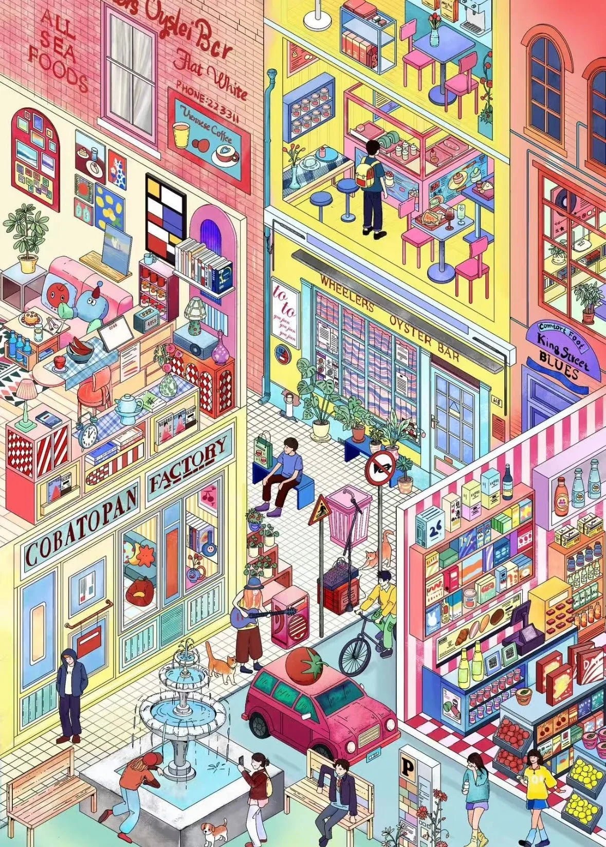 Colorful illustrated street scene with shops, cafes, people, and a fountain in a lively city