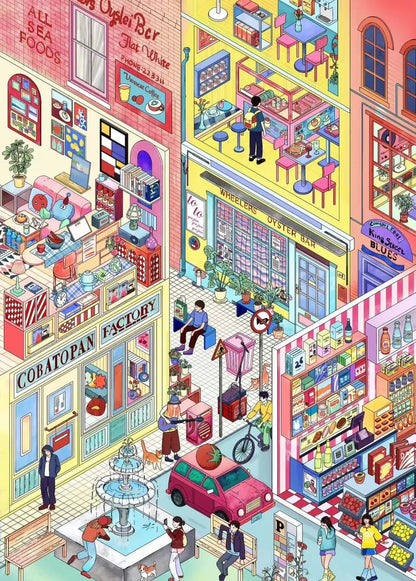Colorful illustrated street scene with shops, cafes, people, and a fountain in a lively city
