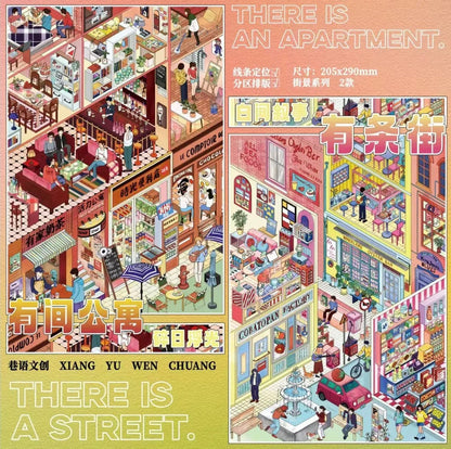 Colorful illustrated sticker sheet showing lively city street scenes, cafes, and apartment interiors.