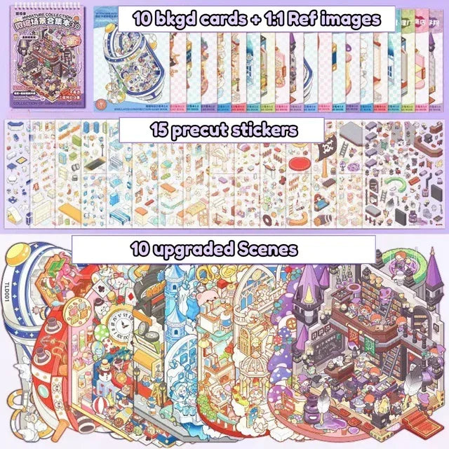 Miniature scene sticker set with background cards, precut stickers, and detailed fantasy scenes.