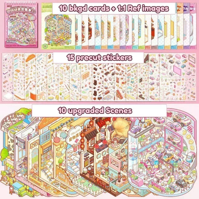 Miniature scene sticker set with background cards, precut stickers, and detailed 3D scenes in pink and purple.