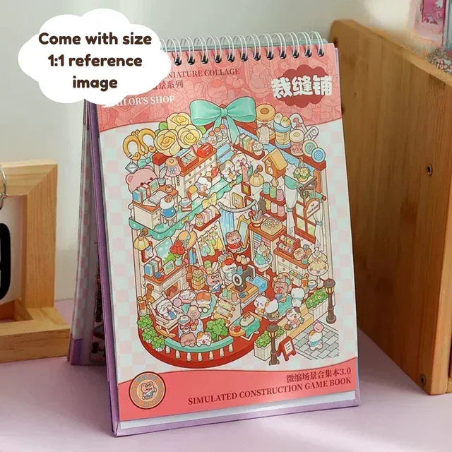 Miniature scene sticker book with cute pink and purple tailor shop illustration, spiral-bound