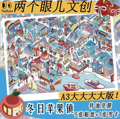 colorful winter miniature town scene sticker sheet with snow-covered buildings, boats, and festive decorations