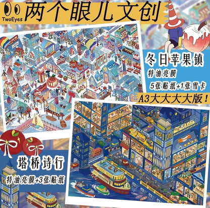 Colorful winter apple town and city bridge sticker scenes with detailed miniature buildings and boats.