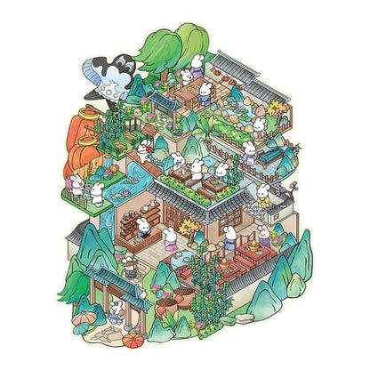 Cute bunny characters in a colorful mountain house scene, surrounded by nature and gardens