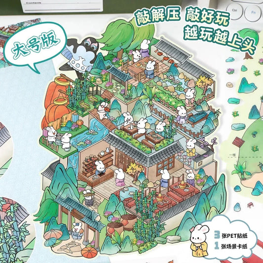Cute bunny stickers in a detailed mountain home scene with gardens and cozy rooms, perfect for journaling.