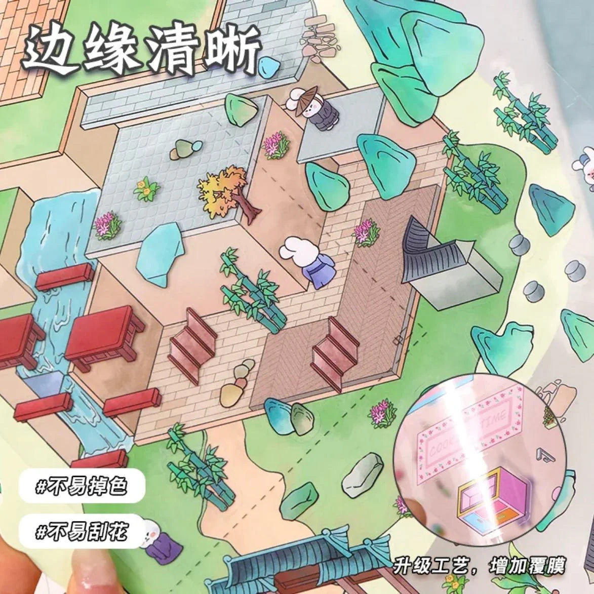 Cute illustrated scene sticker of a garden courtyard with trees, stone paths, water and pavilions.