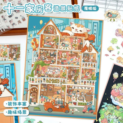 Whimsical scene sticker sheet featuring a detailed illustrated house with playful cat and people