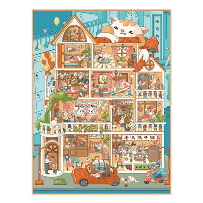 Whimsical illustration of a cozy dollhouse with cats and people in miniature rooms, colorful decor, and playful scenes, ideal for journaling or scrapbooking stickers.