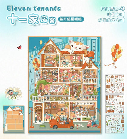 Cute illustrated house scene sticker set featuring eleven rooms, playful cat, and cozy details for journaling or scrapbooking.
