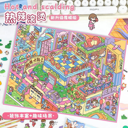 Colorful scene sticker sheet with cartoon kids playing in a lively, whimsical building setting