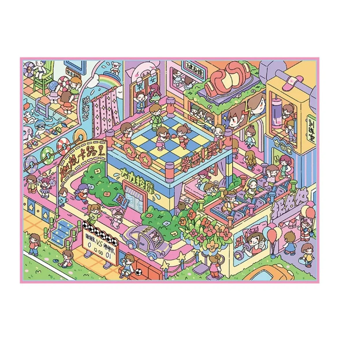 Colorful miniature cartoon scene with playful characters in a lively amusement park setting