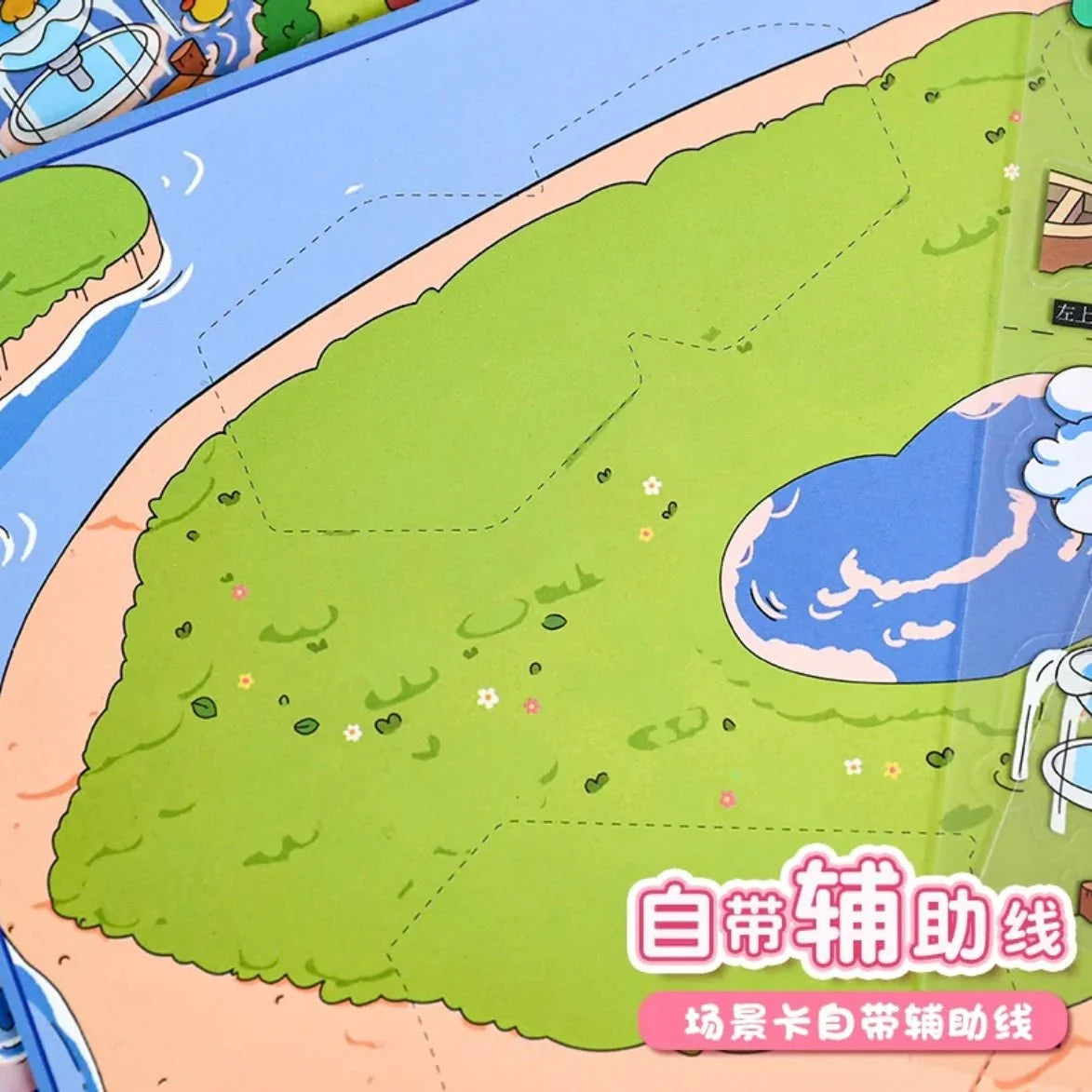 Cute illustrated scene sticker sheet with grassy island, small pond, and blue river for crafts