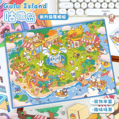 Cute Gulu Island scene sticker sheet with colorful cartoon animals, food stands, and playful details, ideal for journaling and scrapbooking.