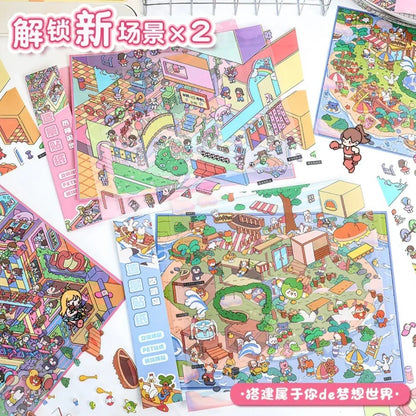Colorful cartoon scene sticker sheets featuring miniature world designs for journaling or scrapbooking.