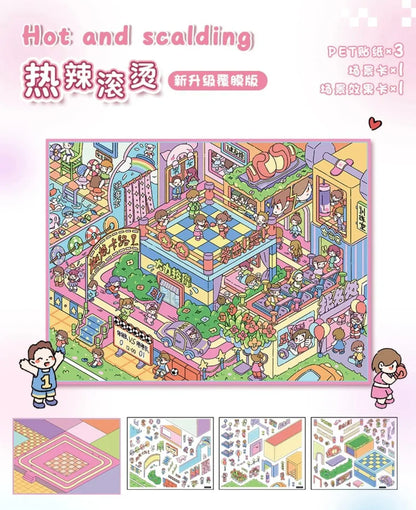 Colorful miniature scene sticker set featuring playful cartoon characters in a lively cityscape.