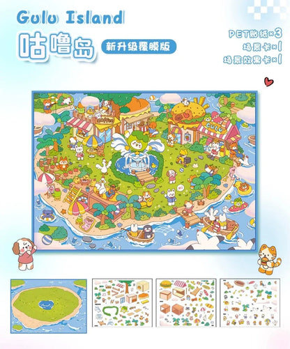 Cute Gulu Island scene sticker set with colorful animal characters, food stands, and beach views.