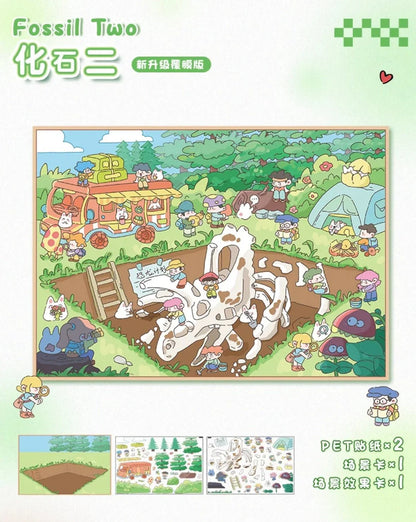 Cute cartoon dinosaur dig site scene with kids, fossils, forest, and explorer stickers.