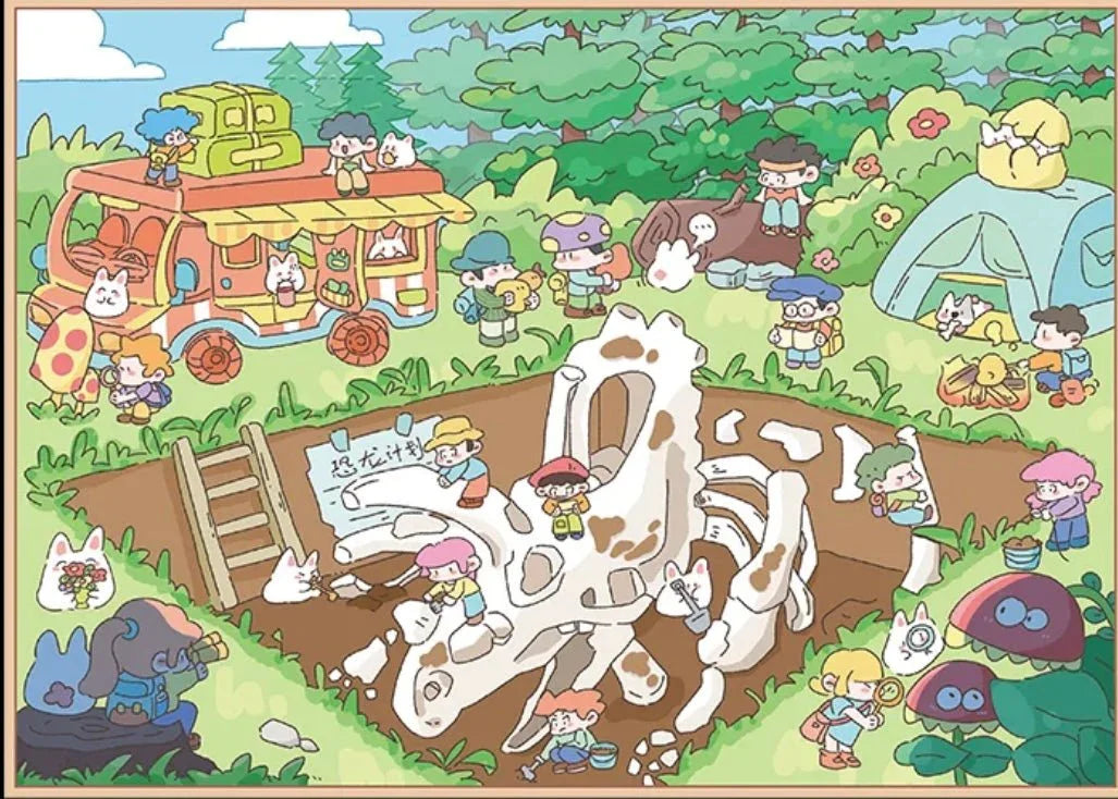 Cute cartoon kids excavating dinosaur fossils at a dig site in a forest scene, with animals and camping gear.