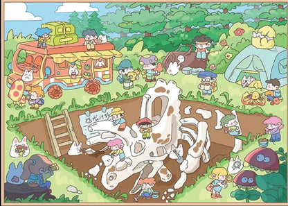 Cute cartoon kids excavating dinosaur fossils at a dig site in a forest scene, with animals and camping gear.