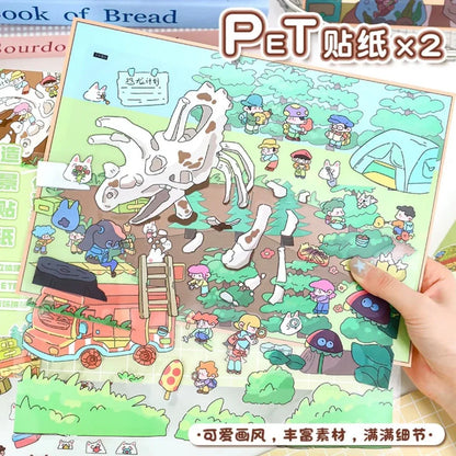 Cute dinosaur fossil sticker sheet with cartoon characters at a campsite excavation scene