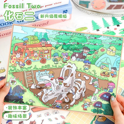 Cute cartoon dinosaur fossil excavation scene sticker with kids, animals, and trees.