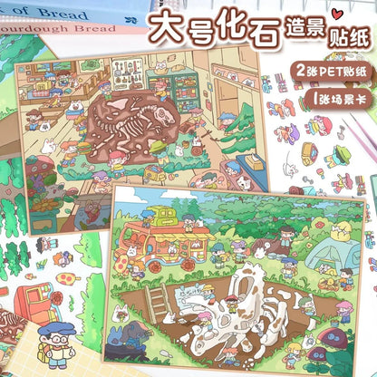 Cute dinosaur fossil sticker set with cartoon animals in museum and excavation scenes, for journaling and scrapbooking.