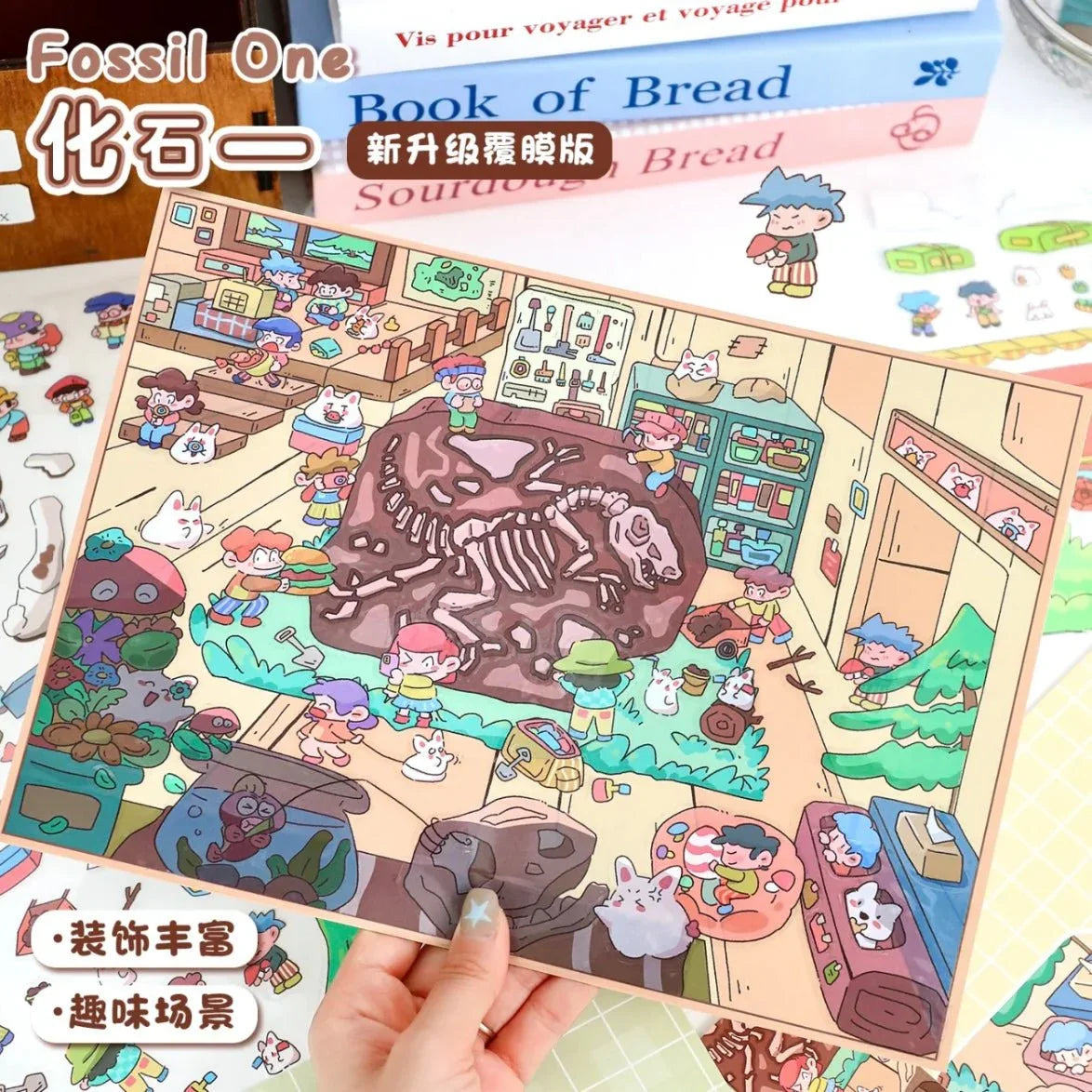 Cute dinosaur fossil illustration with cartoon kids and animals in a colorful museum scene sticker.