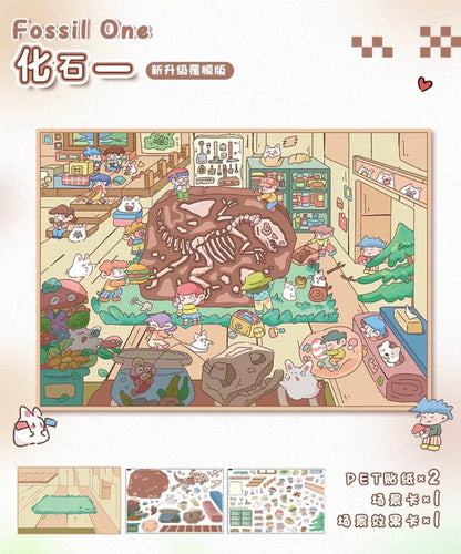Cute scene sticker set with cartoon animals and kids exploring dinosaur fossils in a cozy room.
