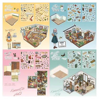 Miniature scene sticker sheets showing bakery, alley, bookstore, cozy rooms and furniture pieces.