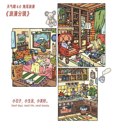 Cozy illustrated sticker set of a bedroom, reading nook, and kitchen for journaling and scrapbooking