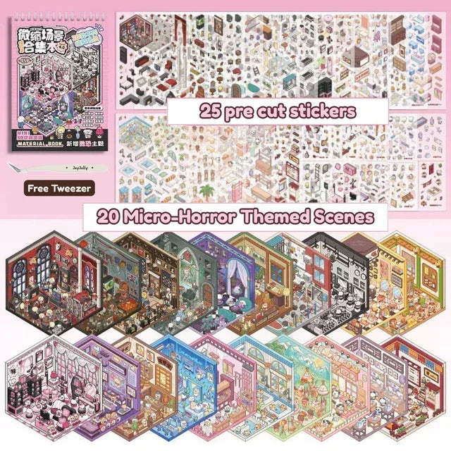 Miniature scene sticker kit with 25 pre-cut stickers and 20 mild horror-themed scenes.