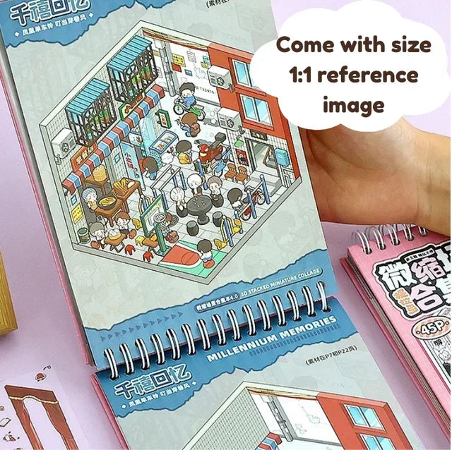 Miniature scene sticker pad with colorful cartoon cafe illustration, spiral bound