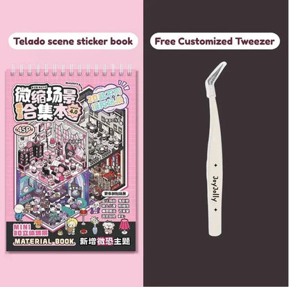 Miniature scene sticker book with pink cover and free white angled tweezer for crafting