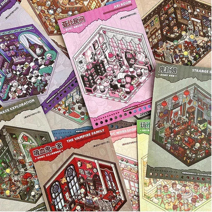 Miniature scene stickers featuring detailed room illustrations in fantasy settings.